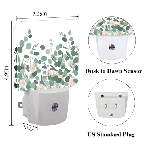 Image of Eucalyptus Branches and Roses Night Light,Plug-in Nightlights Auto Sensor Night Lamp Dusk to Dawn Lamp Home Decor for Nursery Children Girls Boys
