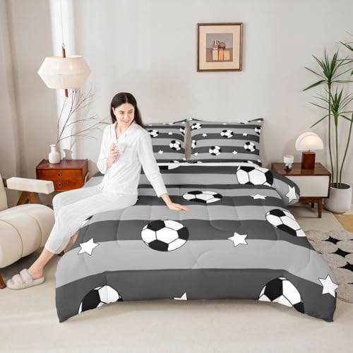 Image of Feelyou Soccer Comforter Set King Size Kids Football Pattern Games Bedding Set for Boys Girls Sports Theme Grey Geometric Stripes Duvet Quilt Room Decor