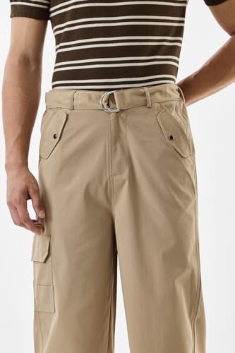 Image of SNITCH Men Cargo Pants | Relaxed Fit Wide-Leg Utility Wear | 100% Polyester with Herringbone Texture & Multiple Utility Pockets | Durable Design for Casual & Everyday Wear