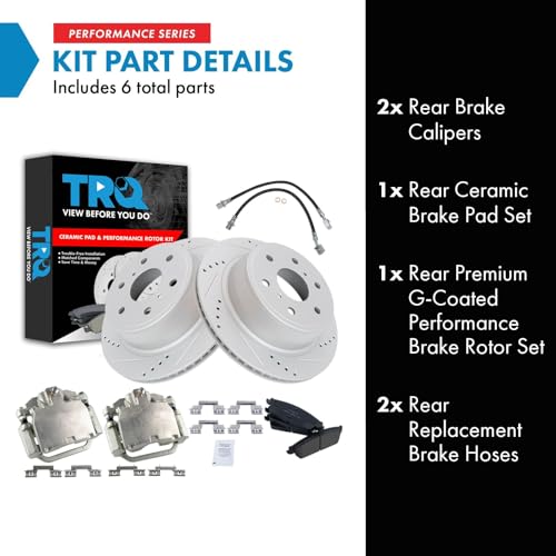 Image of TRQ Performance Rear Brake Pad and Rotor Set Ceramic Slotted Drilled Coated Rotors Calipers Compatible with 2007-2013 Chevrolet Silverado 1500 Sierra 1500