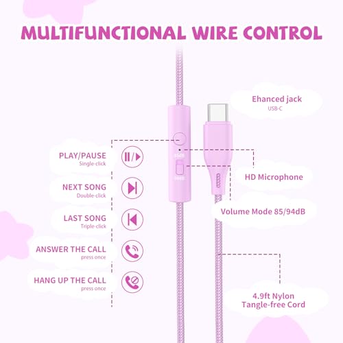 Image of USB C Headphones Wired for Kids, 85 /94dB Volume Limit With Mic, Rosy Pink | Kid Headphones for School, Wired Over Ear USBC Plug in Corded Headphones for Boys Girl Toddler, iPad, Tablet, Airplane Travel