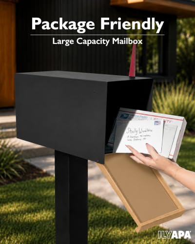 Image of Ilyapa Modern Mailbox for Post Mount, Black with Wood Door