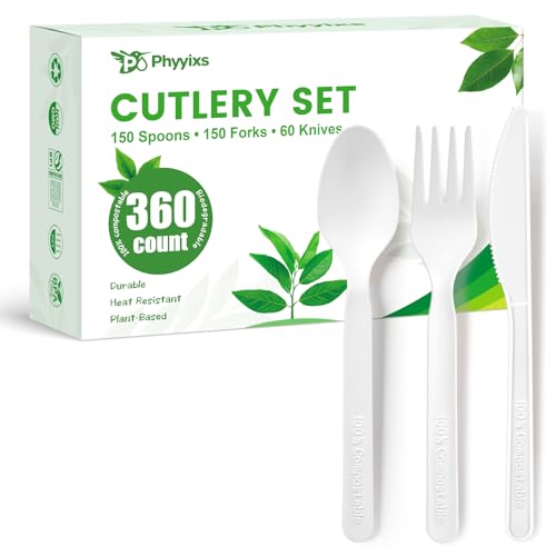 Phyyixs 360pc Compostable Cutlery Set: 150 Forks, 150 Spoons, 60 Knives. Extra Heavy Duty Plant-Based Silverware, Heat Resistant & BPA-Free. Disposable Utensils for Wedding, Party, Daily Use.