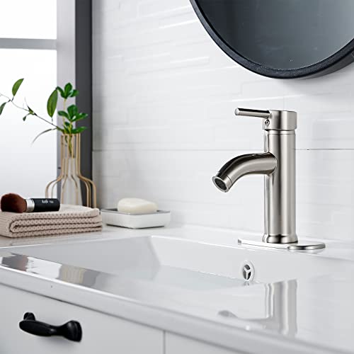 Brushed Nickel Bathroom Faucet Single Hole Bathroom Sink Faucet Single Handle One Hole Bathroom Faucet Wash Basin Rv Faucet With Pop-Up Drain Suitable For 1 Hole Or 3 Hole (Brushed Nickel, Short) #TOP1