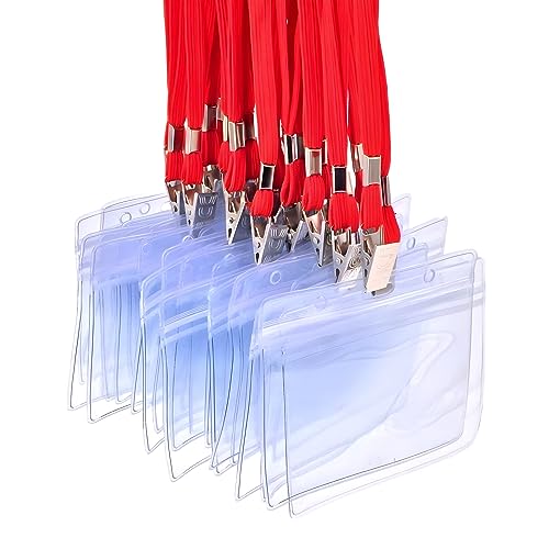 ID カード ホルダー ネックストラップ 名札 吊り下げ イベント スタッフ パス 名刺 社員証 ケース 入れ 首かけ 展示会 防水 セット 横型 タイプ (100,) (レッド)