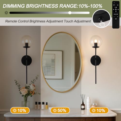 Image of Black Battery Operated wall Sconce Set of 2 Glass Globe 3000~6000K Rechargeable Wall Light Fixture Wireless Wall Lights with Clear Glass Shade for Living Room, Hallway, Bedroom(2 Pack)
