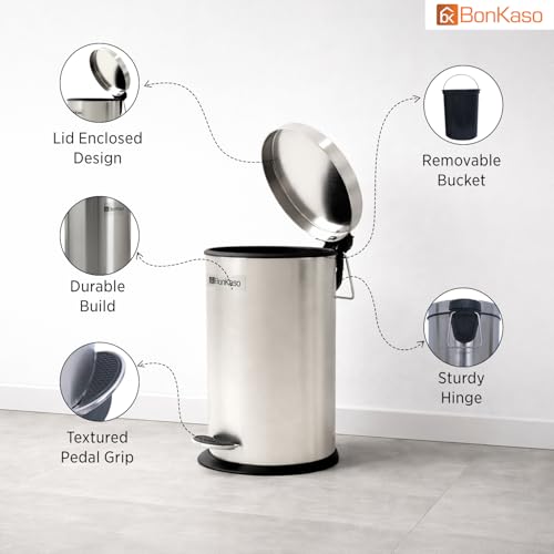 Image of Bonkaso 5L Stainless Steel Pedal Dustbin with Lid & Plastic Inner Bucket (7x11 Inch) | Foot Operated Garbage /Trash Can For Home, Kitchen, Bathroom & Office | Rust Proof Round Waste Bin (Silver)