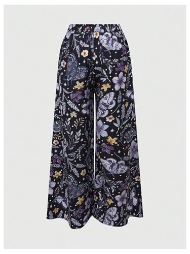 Women's Floral Butterfly Pants Elastic Waist Wide Leg Casual Trousers Streetwear2