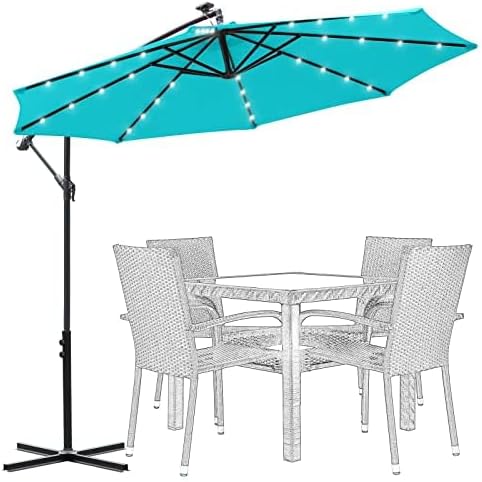 FREE SOLDIER 10FT Patio Offset Umbrella with 32 LED Lights, Solar LED Cantilever Umbrella With Crank and Cross Base, Outdoor Hanging Market Patio Umbrella for Garden Yard Deck Pool Turquoise