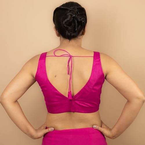 Image of FIGURE'S DESIGNER Women's Dupion Raw Silk Sleeveless V Neck Sabyasachi Cut Readymade Saree Blouse Padded Stitched S4
