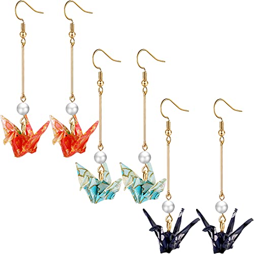 3 Pairs Origami Earrings Good Luck Paper Crane Dangle Origami Tassel Cute Bird Handmade Drop Earrings for Women Wedding Party Accessories