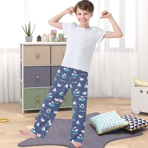 Boy's Pj Pants Cute Little Boat Ornament Lounge Bottoms Elastic Kids Sweatpants Joggers with Pockets Size 6-144
