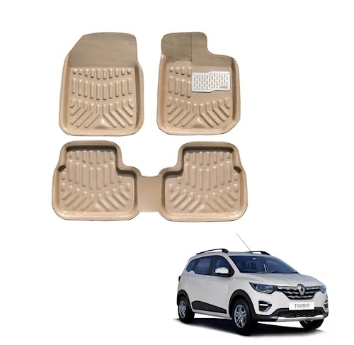 Image of Car 3D Plastic Foot Mats for Front and Rear Compatible with Renault Triber | Complete Set of 3 Pcs Car Floor Mats, Premium Car Accessories, Tray Shape 3D Foot Mats, Washable, Beige