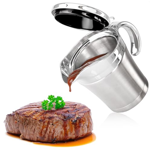 com-four® Thermo Sauciere - Soßenkanne aus doppelwandigem Edelstahl - isolierter Saucenbehälter mit Klapp-Deckel und Henkel - hält Speisen warm oder kühl - spülmaschinengeeignet (silberfarben - 400ml)