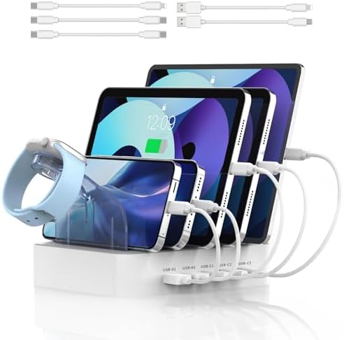 MSTJRY USB C Charging Station for Multiple Devices : 90W 5 Ports Multi Fast Charger for iPhone iPad Tablets Phone Airpods - Charging Dock Organizer with Adjustable Dividers for Home Office Classroom