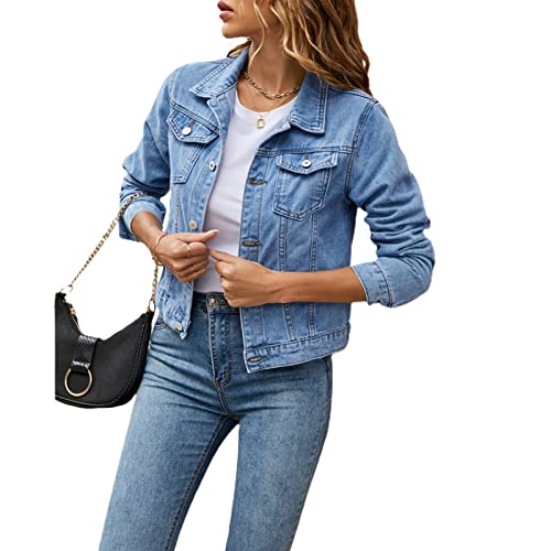 Damen Jeans Jacke Langarm Einfarbig Knopf Kurze Jeansjacke mit Taschen Leichte Jacken für Frauen Fashion Aesthetic Vintage Streetwear (DE/NL/SE/PL, Alphanumerisch, M, Regular, Regular, Hellblau)