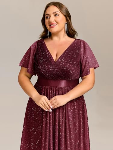 Image of Ever-Pretty Plus Women's Cocktail Party Dress V Neck A Line Glitter Plus Size Formal Wedding Guest Dresses for Curvy Women