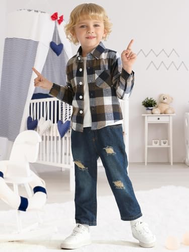 Image of Toddler Baby Boy Clothes Infant Denim Outfits Flannel Plaid Button Shirt Pockets Ripped Jeans Pants 2 PCS Clothing