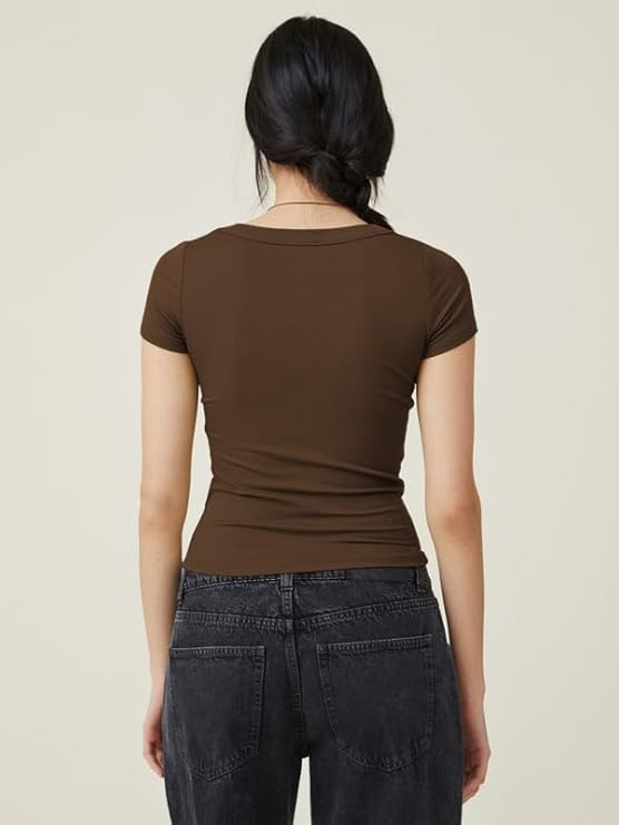 T-Shirt Donna Scollo Quadrato A Coste - Maglietta Basic Elasticizzata Tinta Unita