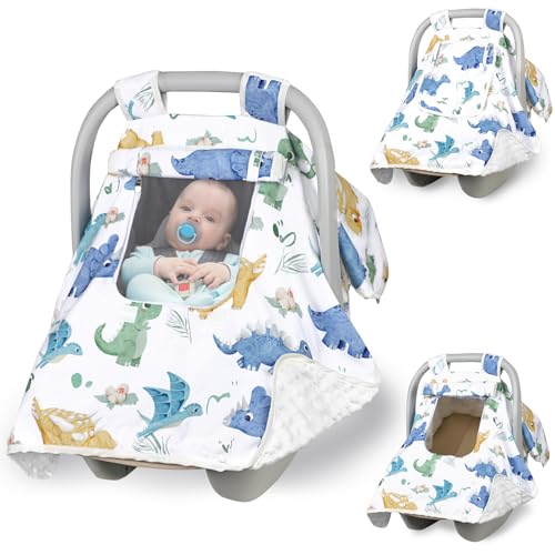Image of Baby Carseat Seat Cover Boys, Winter Carseat Canopy, Cozy & Warm Cover with Zipper Peep Windows, Infant Minky Carrier Cover, Soft Breathable, Baby Must Have, White Dinosaur