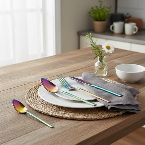 Image of Elegant Handle Rainbow 8 Pcs Stainless Steel Cutlery Set for Dining Table, Dishwasher Safe Glossy Flatware (2 Spoon Set+2 Forks Set+2 Butter Knife+2 Dessert Spoon)