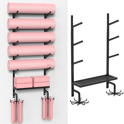 Soporte para esterilla de yoga, soporte de pared para esterillas, incluye ganchos y estante para organización de gimnasio en casa, almacena rodillos de espuma y accesorios