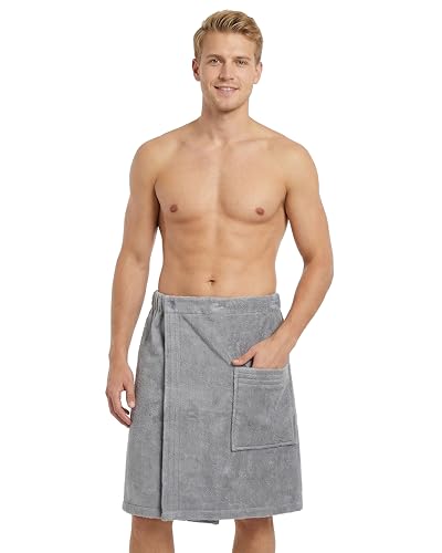 LAYNENBURG Premium Saunakilt Herren mit Knopfverschluss - 100 % Baumwolle – Öko-Tex 100 - Männer Saunatuch - Frottee Sauna-Handtuch, Kilt Gummizug für Wellness, Spa & Sauna (M-XL hellgrau)