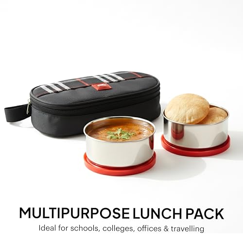 Image of CELLO MF Trent Lunch Box with Bag for Office Use, Red | 300ml x 2 Stainless Steel Containers, Food Grade Light Weight Leak Proof Airtight Snap Lock Lid Tiffin Box Set for School Kids College & Travel