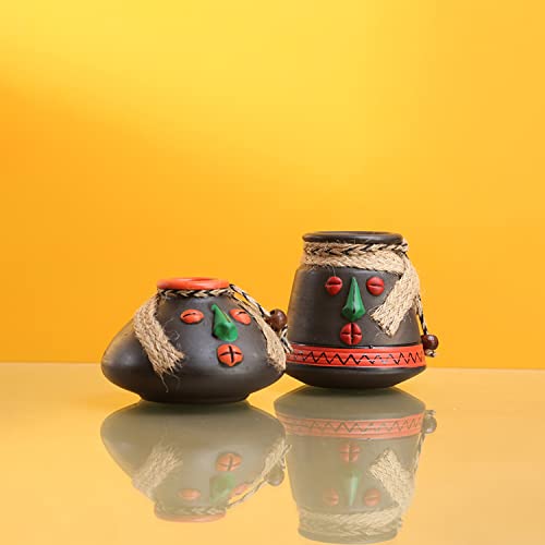 Image of ExclusiveLane 'Face Pot' Terracotta Decorative Pots Showpiece for Home Decor (Set of 2, 18.2 x 18.2 x 9.1 cm, Black) | Terracotta Decor Center Table Decorative Items Pots Home Decor Items