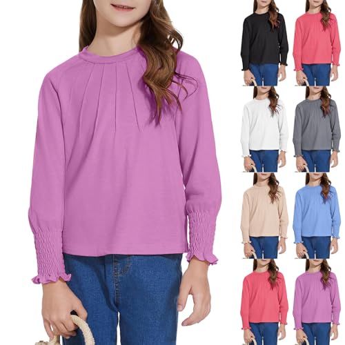 Girls Ruffle Smocked Long Sleeve Tops Dressy Casual Pleated Loose Crewneck Pullover Solid Tunic T-Shirts for 4-14Y2