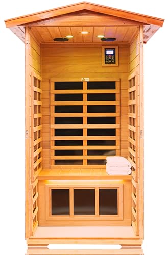 Image of LTCCDSS Outdoor Mahogany Sauna 1 Person, Low EMF Far Infrared Sauna for Home, Withstand Outdoor Temp -10℉-149℉| EMF Readings Below 0.5mG, 9 Low EMF Boards-Chromotherapy-Bluetooth Speaker