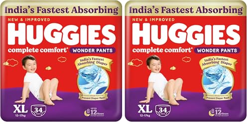 Image of Huggies Complete Comfort Wonder Pants | Pant Style Baby Diapers Extra Large Size (XL), 34 Count | India's Fastest Absorbing Diaper, Prevents Diaper Rash, Ideal for 12 to 17 Kgs (Pack of 2)