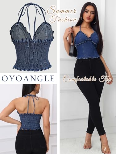 OYOANGLE Women's Frill Trim V Neck Denim Halter Top Tie Backless Shirred Jean Crop Top2