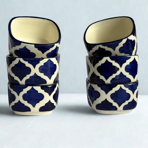 Image of Designer Ceramic Dip Bowls Set | Navy Blue Moroccan Pattern Serving Bowls for Condiments, Snacks & Dips | 6 Pieces, 40 ml