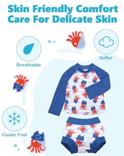 Image of ALVA 2 Pcs Long Sleeve Rash Guard Swim Diaper Sets, Baby Toddler Swimsuit UPF 50+ Sun Protection for Boy and Girl