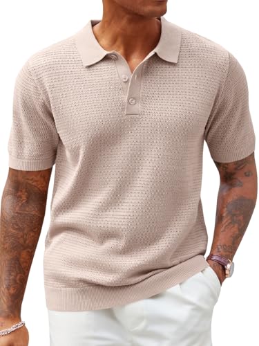 Runcati Mens Knit Polo Shirts Short Sleeve Casual Hollow Out Shirt Texture Classic Golf Polo