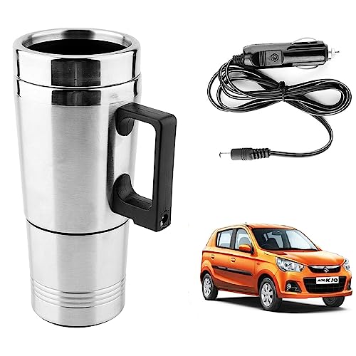 Image of Oshotto 12V Stainless Steel Car Heating Kettle /Mug, Travel Friendly electric Tea /Coffee maker Compatible with Maruti Suzuki Alto K10 (300ml) - Silver