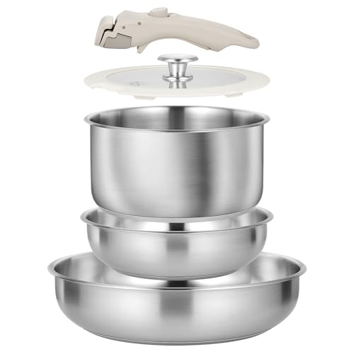 Image of KOCH SYSTEME CS Stainless Steel Pots and Pans Set, 7 Piece Stainless Steel Cookware Set with Detachable Handle, Kitchen Cookware Set with Removable Handle, Steel Pots and Pans Induction Compatible