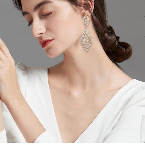 Fashion Rhinestone Crystal Wedding Earrings for Women Bridal Bridesmaid Long Leaf Chandelier Teardrop Dangle Earrings Jewelry3