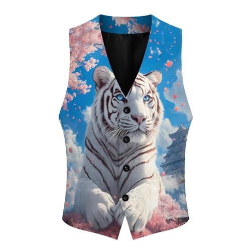White Tiger Cherry Flower Men's Suit Vests Dress Vest V-Neck Waistcoat Slim Business Formal with Pocket4