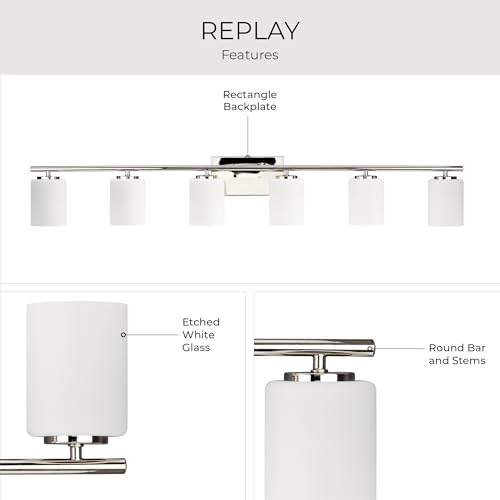 Image of Progress Lighting Replay Collection 6 Light Bathroom Vanity Light, Modern Bath Lighting Fixture with Etched White Glass Shades for Over the Mirror, Reversible Mounting, Polished Nickel