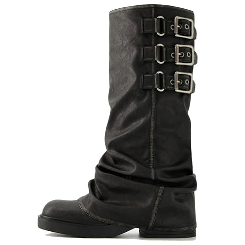 ClassicSter Fold Over Knee High Boots Slouch Boots for Women Chunky Goth Platform Boots,2 inch Heel Wide Calf Long Boots Square Toe Riding Boots