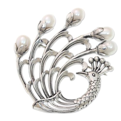 Image of NOVICA Artisan Handmade Cultured Freshwater Pearl Brooch | Sterling Silver Peacock | White Pearls | Indonesia | Animal Themed Birthstone | Bird | 'Resplendent' | 2.4 inch L x 2.2 inch W x 0.4 inch D