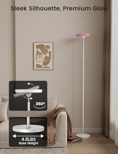 Image of UFO LED Torchiere Floor Lamp with RGB Ambient Light, 42W 3700LM Bright Dimmable Sky Lamp,71in Modern Tall Standing Lamp with Remote Touch Control&Timer,for Living Room Bedroom Office Gaming Room,White