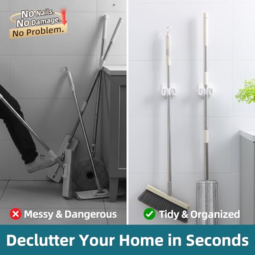 Image of TAILI Mop and Broom Holder Wall Mount Grippers, 2 Hangers and 6 Adhesive Strips, Damage Free Hanging Wall Mount, Household Cleaning Organizer for Organization and Storage, Holds up to 4 lbs, White