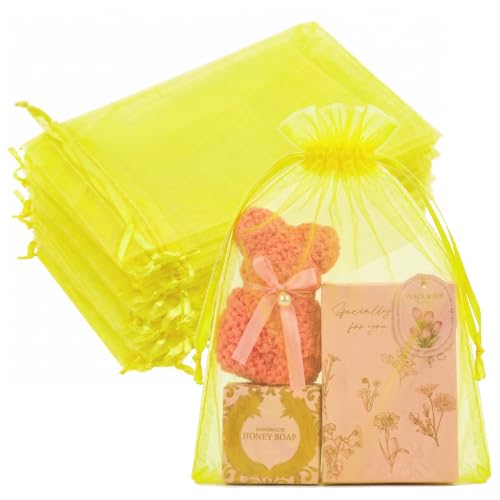 Image of Crweety 50PCS Organza Bags 8x12 Large Yellow Gift Bags Mesh Drawstring | Party Favor Goodie Bag Bulk, Jewelry Sachet Candy Treat Soap Makeup Pouches, Wrap for Wedding Baby Shower Birthday Halloween