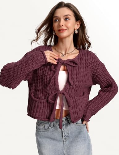 Yimoon Womens Tie Front Chunky Cardigan Sweater Cropped Long Sleeve Open Front Cardigan Knit Trendy Sweater Tops3