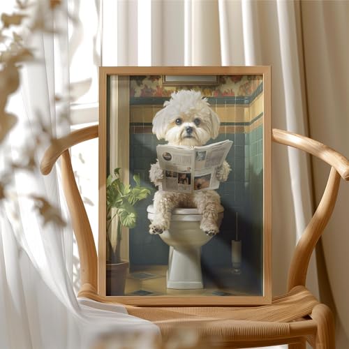 Image of Maltese on Toilet Wood Framed Wall Art Print Poster, Dog Bathroom Humor Decor Posters Prints for Restroom Home Picture Painting Artwork Gallery 7 (Maltese, 10 inchL x 8 inchW, Wood Frame)
