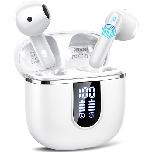 Auriculares Inalambricos Bluetooth 5.4, Auriculares Bluetooth con 4 Mic ENC Reducción de Ruido, 40H Cascos Inalambricos Bluetooth con HiFi Estéreo, Pantalla LED, IP7 Impermeable Audifonos USB C Blanco