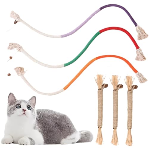 3 Pz Bastoncini Erba Gatta per Gatti e 3pz Giocattolo A Corda per Gatti, Bastoncini Cura Denti per Gatti, Giocattoli Corda per Gatti Giochi da Masticare Bastoncini per La Cura Dentale, Pulire La Bocca